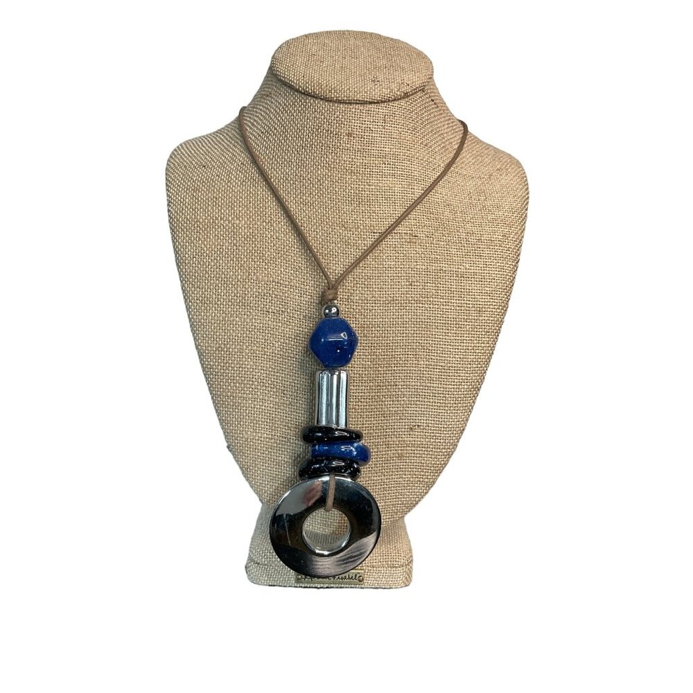 Blue and Silver Tone Corded 24" Drop Statement Necklace